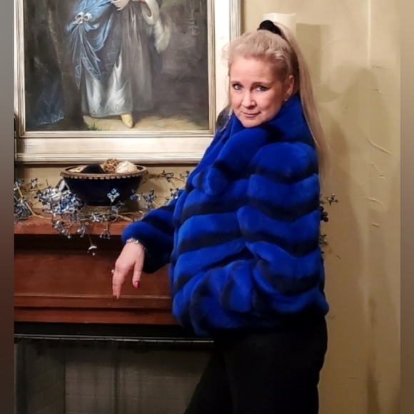 NWT Brilliant Sapphire Blue & Black Rex Chinchilla Fur Coat L/XL - Picture 14 of 17
